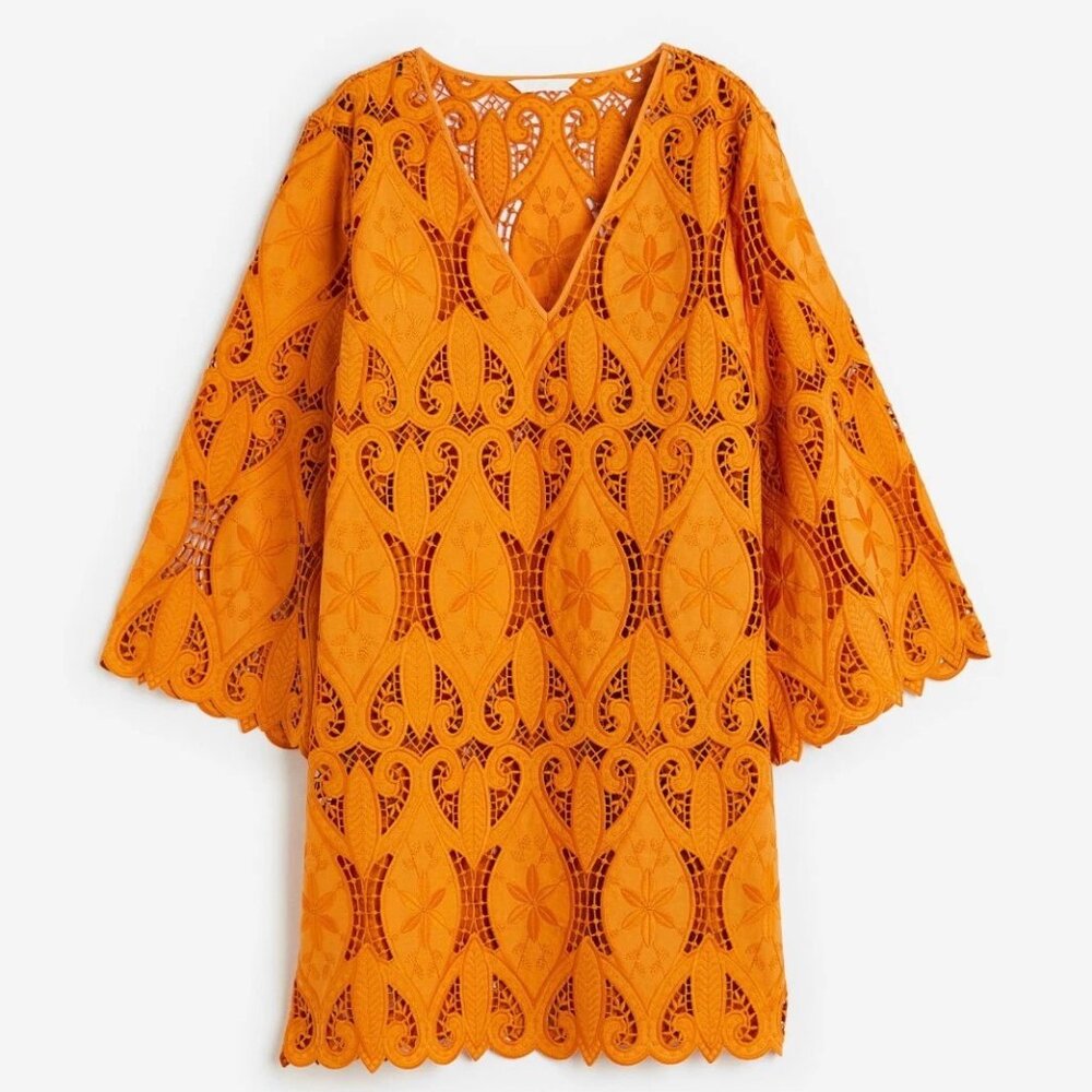H&M EMBROIDERED DRESS LACE BRODERIE BEACH KAFTAN  ORANGE - Size XS